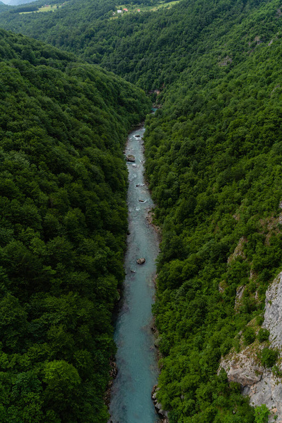 A vertical aerial shot of a river flowing through tree-covered mountains - Zdjęcie, obraz