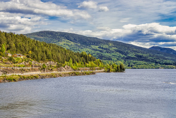 A beautiful shot of trees and mountains on the shore of a lake under a cloudy sky in Norway - Foto, imagen