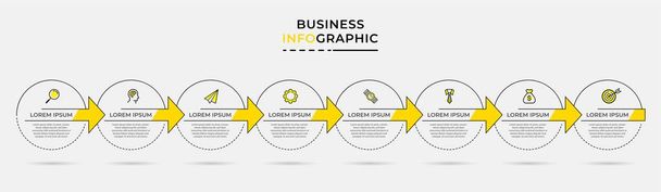 Minimális Business Infographics sablon. Idővonal 8 lépésben, opciók és marketing ikonok.Vektor lineáris infografika két kör összeállított elemek. Bemutatásra felhasználható.. - Vektor, kép