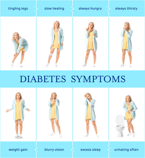 Junge Frau mit Diabetes-Symptomen auf weißem Hintergrund - Foto, Bild