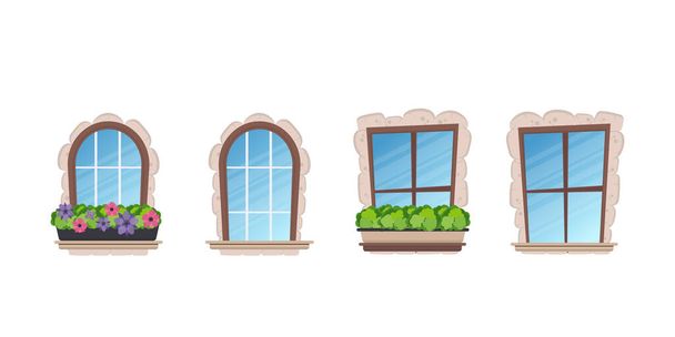 Set de ventanas en estilo de dibujos animados. Revestimiento de piedra. Para el diseño de juegos o edificios. Aislado. Vector. - Vector, Imagen