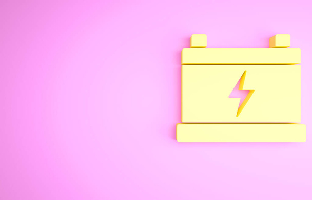 Ikona baterie žluté auto izolované na růžovém pozadí. Akumulátorová akumulátorová baterie a akumulátorová baterie. Minimalismus. 3D ilustrace 3D vykreslení. - Fotografie, Obrázek