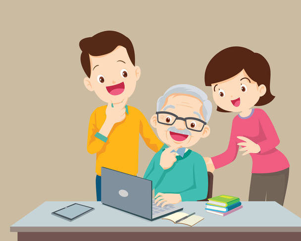 concepto de educación en línea para adultos usando una familia en una computadora portátil en casa, hombre y mujer enseñando a hombres mayores usando una computadora portátil - Vector, Imagen