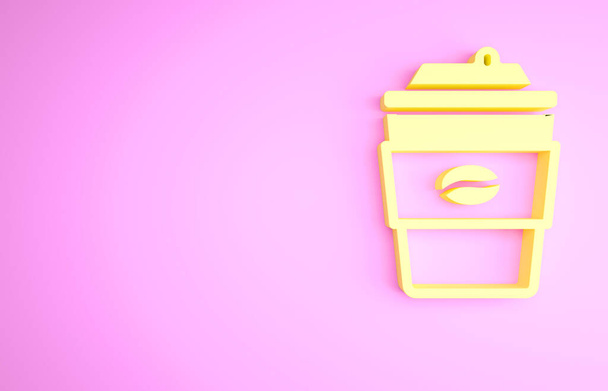 黄色のコーヒーカップピンクの背景に隔離されたアイコンを移動します。最小限の概念。3Dイラスト3Dレンダリング. - 写真・画像