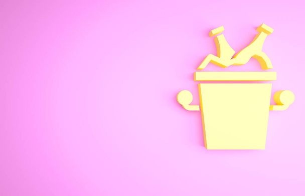 Bottiglie di birra gialla in icona secchio di ghiaccio isolato su sfondo rosa. Concetto minimalista. Illustrazione 3d rendering 3D. - Foto, immagini