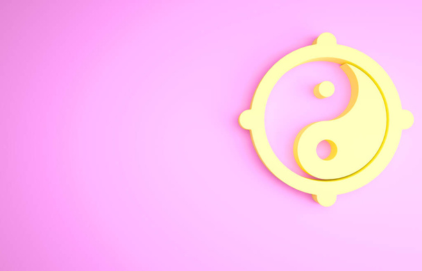 Yellow Yin Yang symbol of harmony and balance icon isolated on pink background. Minimalism concept. 3d illustration 3D render. - Photo, Image