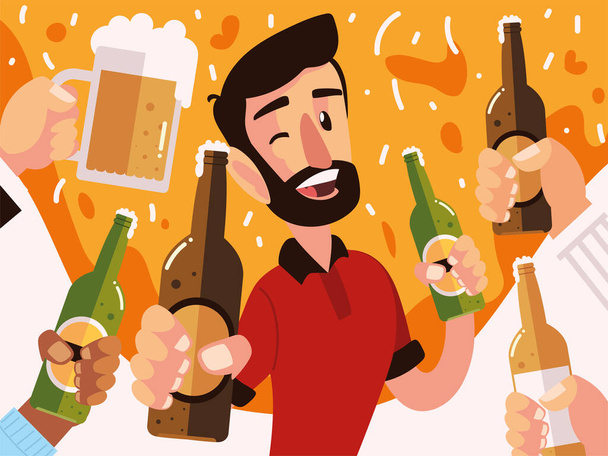Ευτυχισμένος άνθρωπος με μπουκάλι μπύρα και τα χέρια με διαφορετικά ποτά, ζήτω - Διάνυσμα, εικόνα