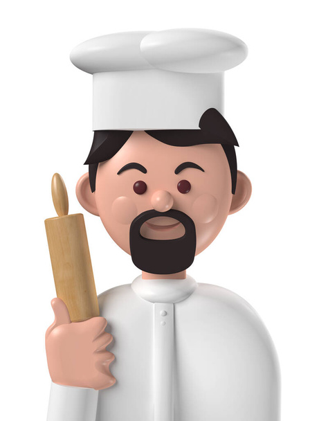 Χαρακτήρας κινουμένων σχεδίων 3d avatar μεσήλικας χαμογελαστός καυκάσιος επαγγελματίας φούρναρης απομονωμένος σε λευκό - Φωτογραφία, εικόνα