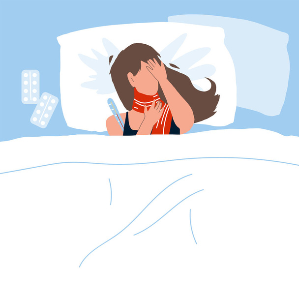 Μολυσμένη άρρωστη γυναίκα ξαπλωμένη στο κρεβάτι με τον πυρετό διάνυσμα - Διάνυσμα, εικόνα