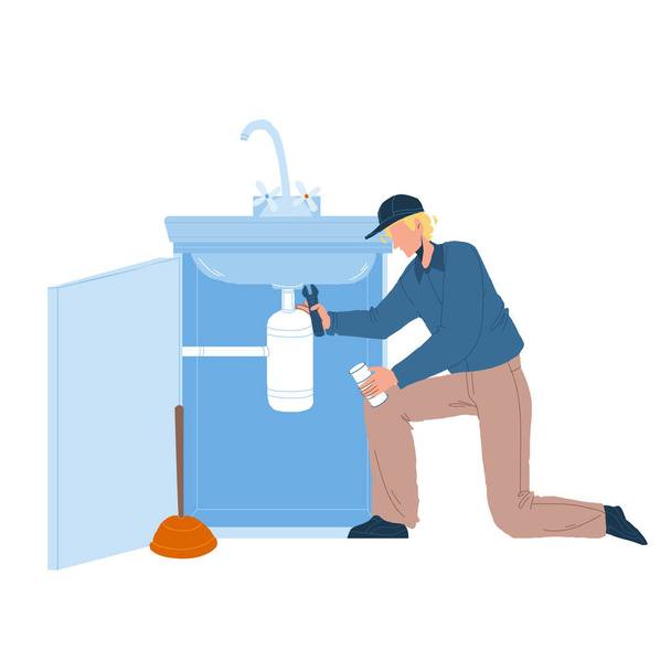 Plumber In Working Overall Fixing Sink Vector - Vector, Image