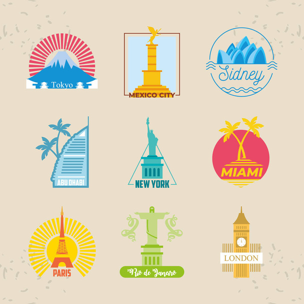Világ város bélyegek ikon készlet vektor tervezés - Vektor, kép