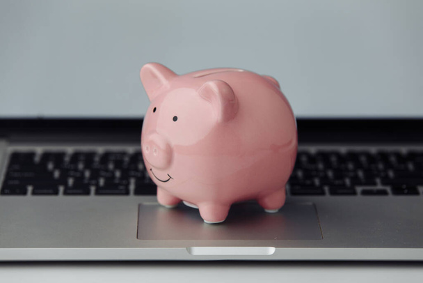 Piggy bank with laptop. Online internet and business concept - Foto, imagen