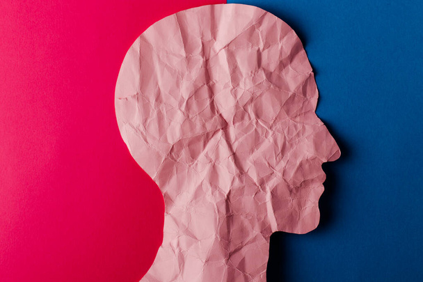 Head silhouette made of paper. Crumpled pink paper shaped as a human head with copy space on pink and blue paper background. Minimal concept. - Φωτογραφία, εικόνα