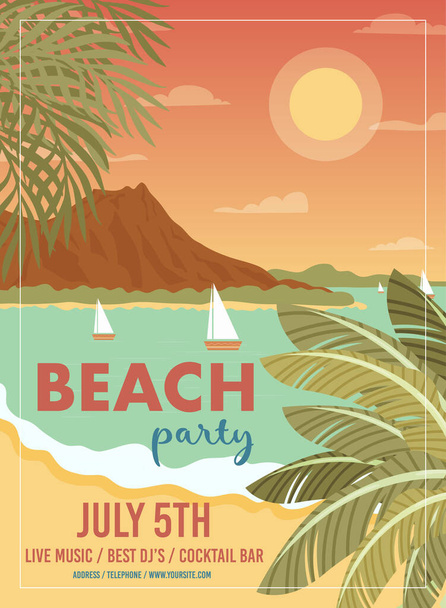 Beach party vintage poster invito modello di carta. Illustrazione vettoriale. - Vettoriali, immagini