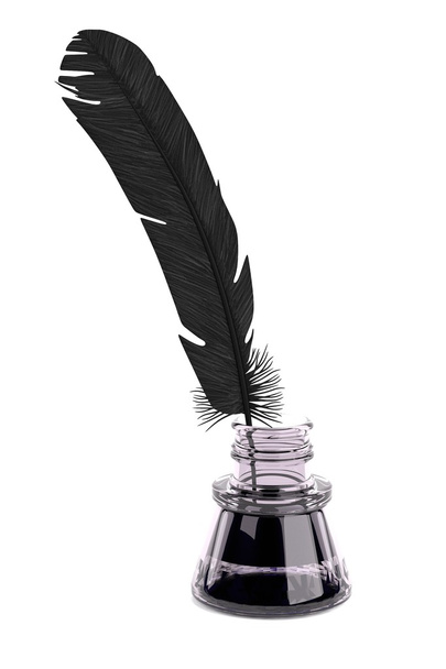 Realistic 3d render of writing quill with inkpot - Fotografie, Obrázek