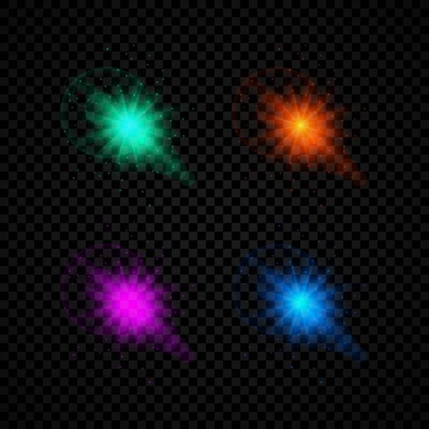 Efecto luminoso de las bengalas. Conjunto de cuatro luces resplandecientes verdes, naranjas, púrpuras y azules efectos de explosión estelar con destellos sobre un fondo transparente oscuro. Ilustración vectorial - Vector, Imagen