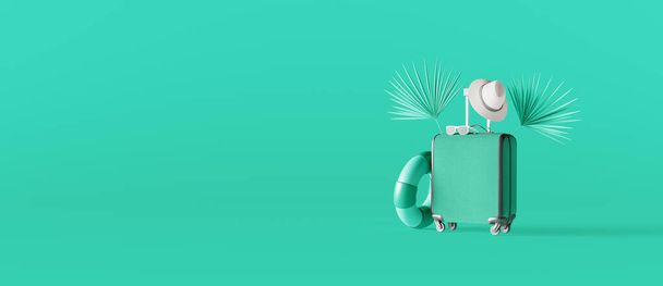 Letní kufřík s kloboukem a palmami na zeleném pozadí. Creative minimal summer concept idea 3D Render 3D illustration - Fotografie, Obrázek