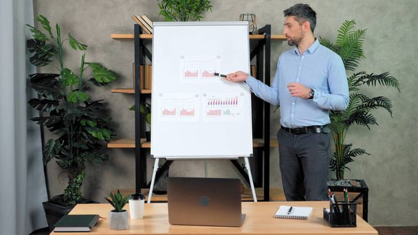 Homem professor ensina aos alunos remoto videocall pontos diagrama marcador no flipchart - Foto, Imagem