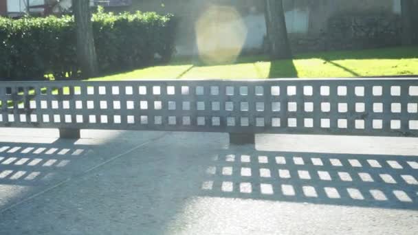 Fém rács egy régi beton ping-pong tenisz asztal egy parkban bokrok és zöld fű egy napsütéses napon. Napfény és ragyogás - Felvétel, videó