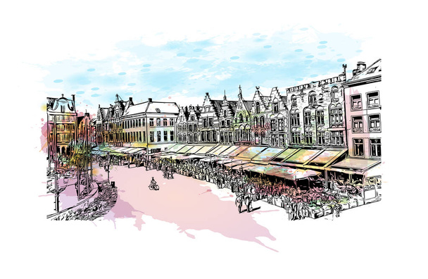 Print Gebouwenzicht met herkenningsteken van Brugge is de stad in België. Aquarel plons met de hand getekend schets illustratie in vector. - Vector, afbeelding