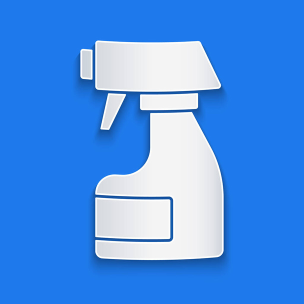 Papírvágás Tisztító spray palack mosószer folyékony ikon elszigetelt kék alapon. Folttisztító. Papírművészeti stílus. Vektor. - Vektor, kép