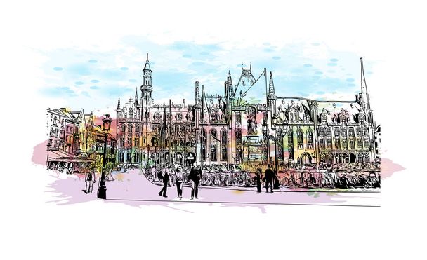 Das Gebäude mit dem Wahrzeichen von Brügge ist die Stadt in Belgien. Aquarell-Spritzer mit handgezeichneter Skizzenillustration im Vektor. - Vektor, Bild