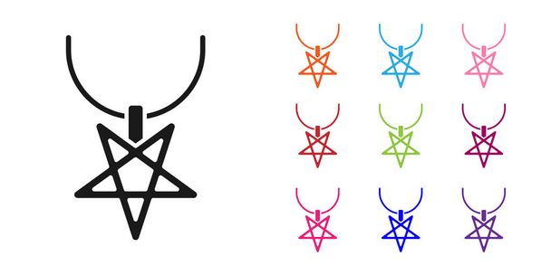 Fekete Pentagram nyaklánc ikon elszigetelt fehér háttér. Varázslatos okkult csillag szimbólum. Állítsa be az ikonok színes. Vektor. - Vektor, kép