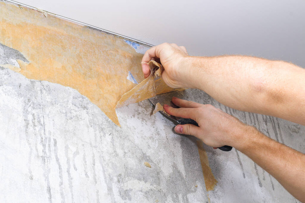 A man removes old wallpaper with a spatula and spray bottle with water. - Φωτογραφία, εικόνα