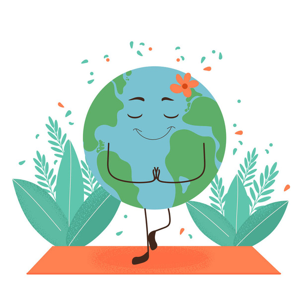 Cute planet Earth is doing yoga. Environmental protection concept for peace and happiness of the planet. Vector isolated illustration for banner or postcard with character. - Vector, Image