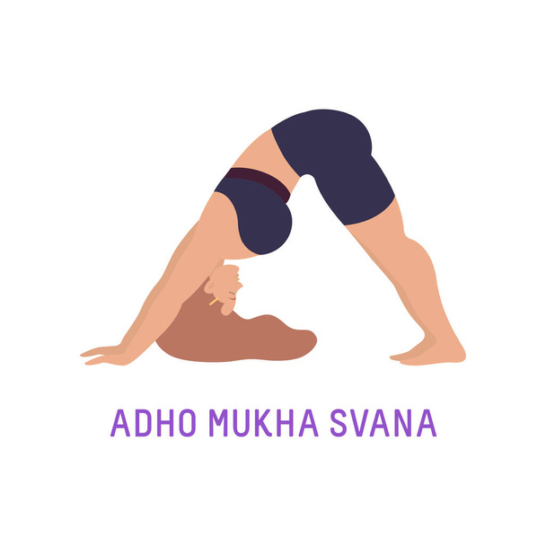Vector Illustratie van Yoga Vrouw. Geïsoleerde figuur op witte achtergrond. Adho Mukha Svana - naar beneden gerichte hondenneus. - Vector, afbeelding