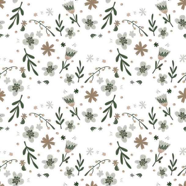 Cartoon isolated seamless pattern with green leaf shapes and flowers print. White backgrouns. Vintage artwork. Graphic design for wrapping paper and fabric textures. Vector Illustration. - Διάνυσμα, εικόνα