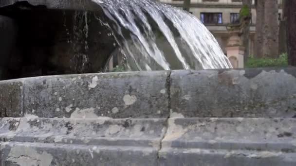 Zbliżenie fontanny strumień wody kaskadowej z betonowymi ścianami w starym parku miejskim. Zwolnij trochę. Przesuwanie kamery w górę - Materiał filmowy, wideo