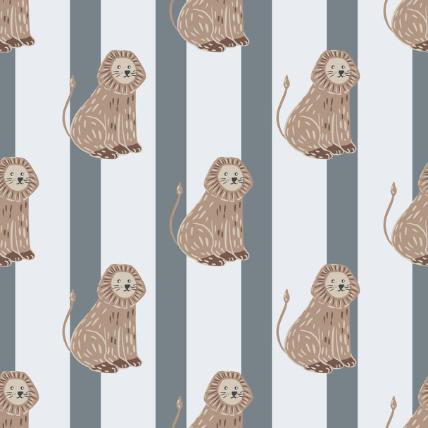 Light brown lion doodle print seamless pattern in hand drawn style. Striped pastel blue background. Graphic design for wrapping paper and fabric textures. Vector Illustration. - Vector, Image