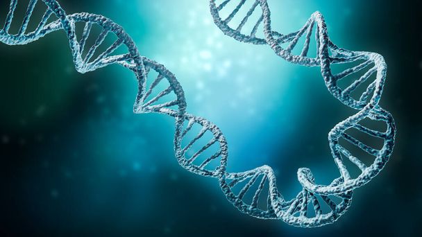 青色の背景に二重らせんDNA鎖があり、コピースペース3Dレンダリング図があります。遺伝学、科学、ゲノム、医学、生物学の概念. - 写真・画像