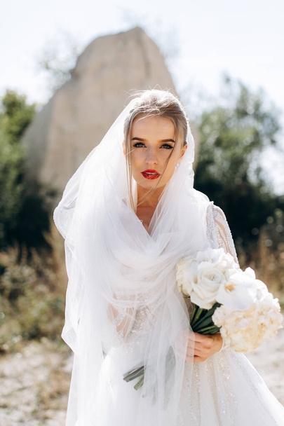 Retrato de uma noiva e vestido de luxo perto das pedras em um dia de casamento - Foto, Imagem
