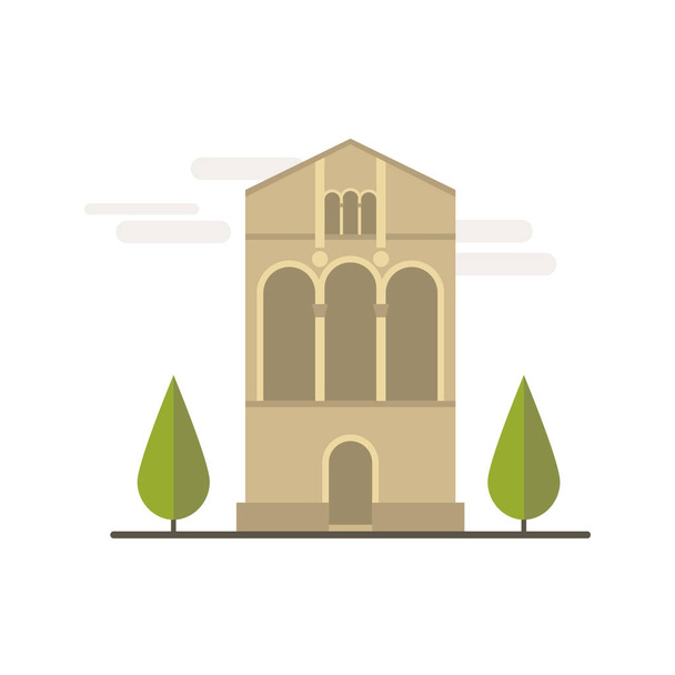 Σύμβολα κινουμένων σχεδίων της Ισπανίας. Δημοφιλή τουριστικό αρχιτεκτονικό αντικείμενο: Εκκλησία της Αγίας Μαρίας στο Όρος Naranco. - Διάνυσμα, εικόνα