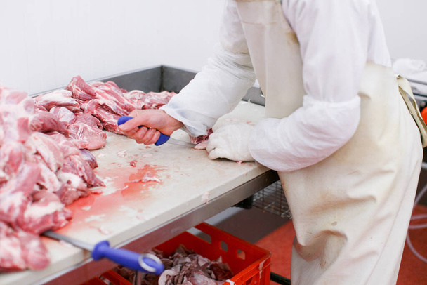 Ausgeschnittenes Bild eines Arbeiters in einer Fleischfabrik, zerkleinertes frisches Rindfleisch in Stücken auf dem Arbeitstisch, Verarbeitungsindustrie. - Foto, Bild