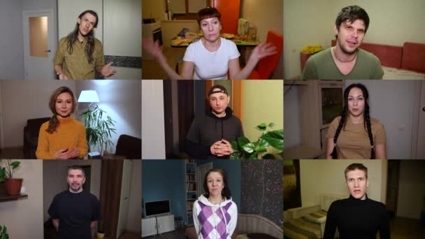 Videóbeszélgetés otthonról. Kilenc ember kommunikál távolról videó kapcsolaton keresztül otthonról. Ezek lehetnek kollégák, barátok vagy rokonok.. - Felvétel, videó