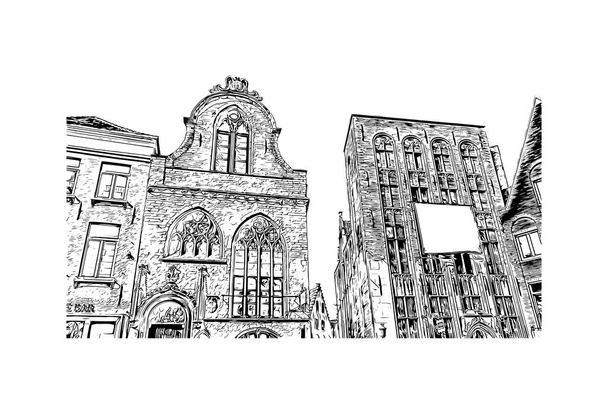 Das Gebäude mit dem Wahrzeichen von Brügge ist die Stadt in Belgien. Handgezeichnete Skizzenillustration im Vektor. - Vektor, Bild