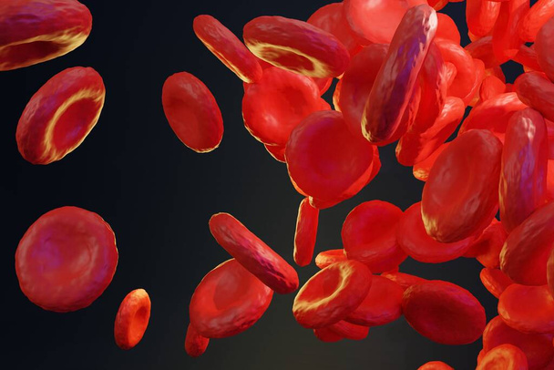 Menselijke rode bloedcellen onder een microscoop. Beweging van rode bloedcellen in de bloedvaten. 3D-weergave - Foto, afbeelding