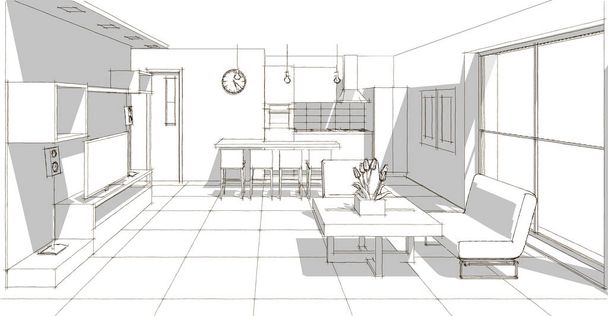 İç mutfak oturma odası 3D görüntü - Fotoğraf, Görsel