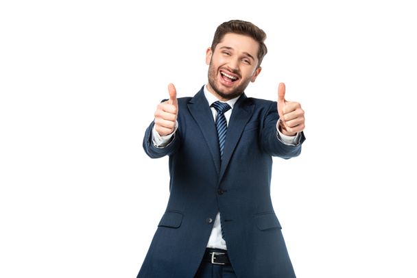 successful businessman showing thumbs up at camera isolated on white - Photo, Image
