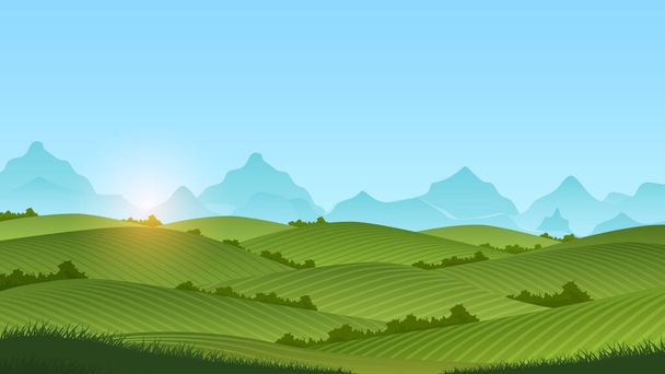 Sommer Wiese Landschaft Vektor Illustration mit grünem Gras und blauem Himmel. - Vektor, Bild