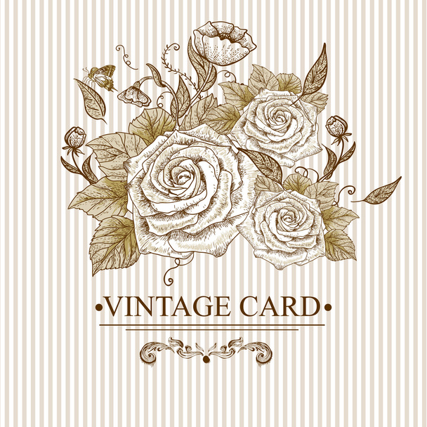 Vintage Floral Card with Roses and Butterflies. - Vector, imagen