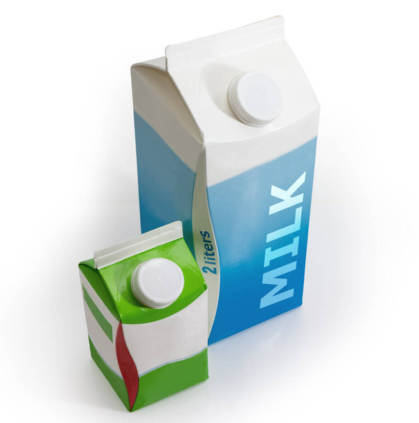Grande caixa de leite pasteurizado e pequena caixa de leite fermentado com tampas de rosca em um fundo branco - Foto, Imagem