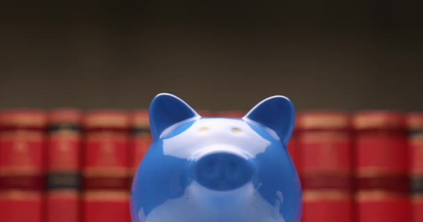 rijkdom en economie concept vertegenwoordigd door blauwe spaarvarken bank in de voorkant van rode boeken in een universiteitszaal - Video