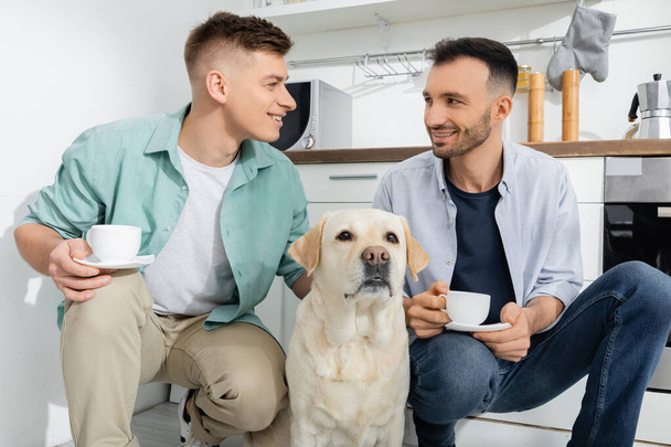 Ευτυχισμένοι ομοφυλόφιλοι άντρες κοιτάζονται και κρατούν κύπελλα κοντά σε σκύλο. - Φωτογραφία, εικόνα