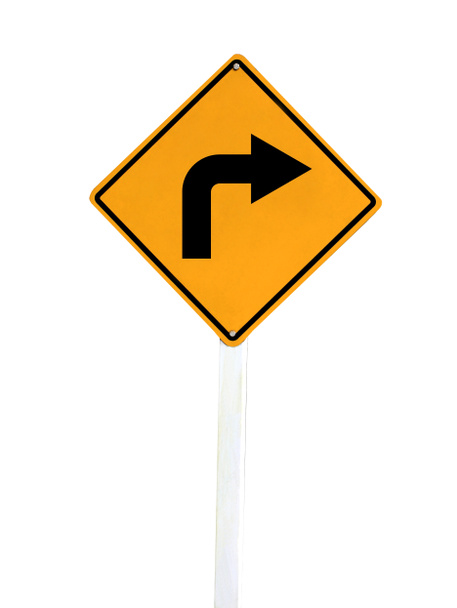 Angle aveugle jaune tournant panneau d'avertissement sur une piste cyclable isola
 - Photo, image