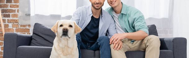 cropped view of same sex couple sitting on sofa near dog, banner - Foto, Bild