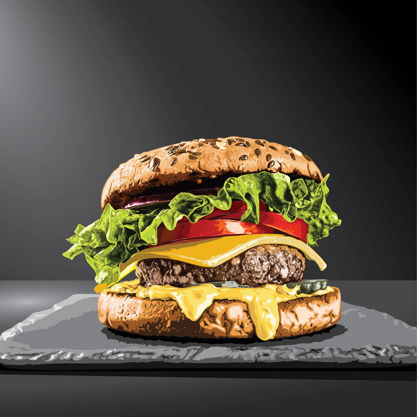 Hamburguesa sobre fondo negro, Menú de restaurante de comida rápida, Vector - Vector, imagen